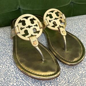 Tory Burch Miller Sandals Metallic Gold Leather Size 8.5 Retail $200
